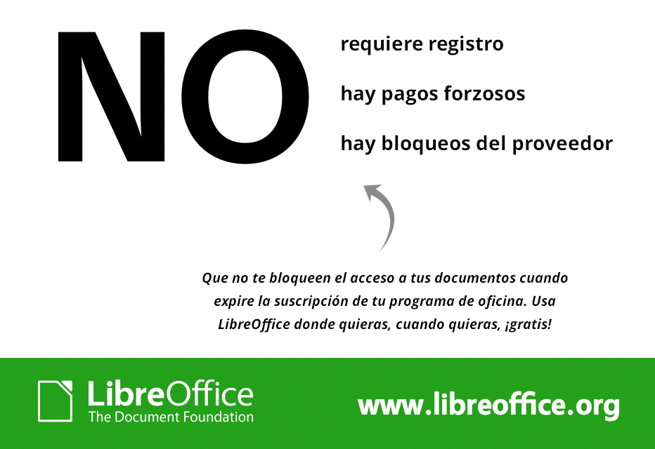 LibreOffice. No requiere registro, no hay pagos forzosos, no hay bloqueos del proveedor